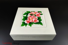 White square lacquer box with convex lid, hand-painted with peonies 25 cm